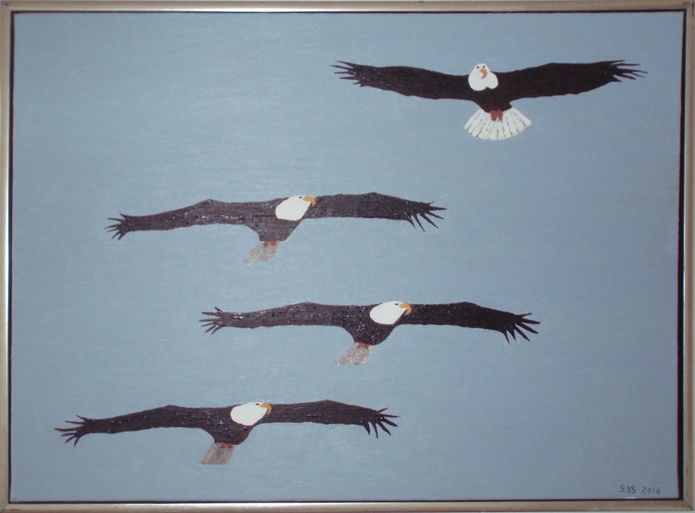 Fire amerikanske ørne (hvidhovedet ørn), 2016, 60 x 80 cm, olie, 3500 kr.